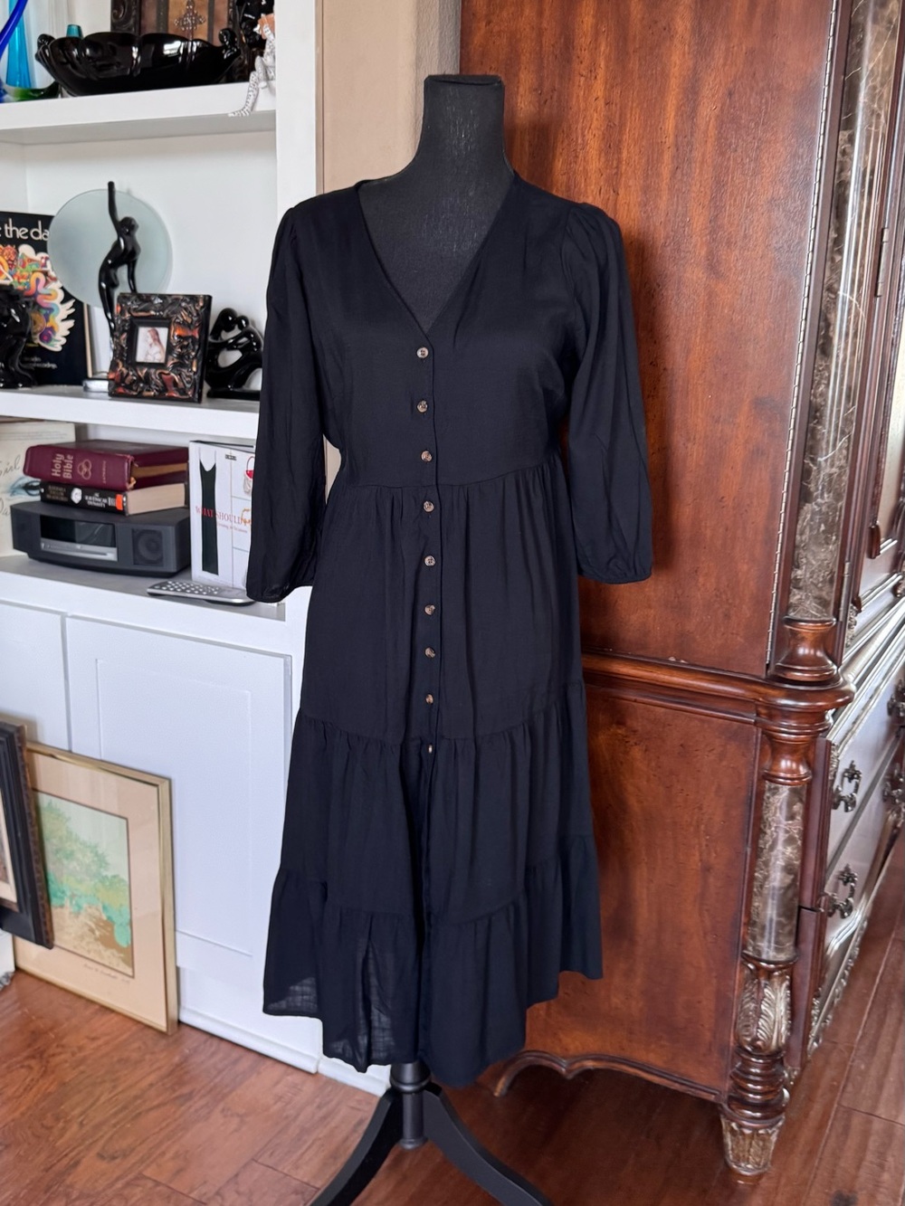 Sonoma Black Button-Front Tiered Dress